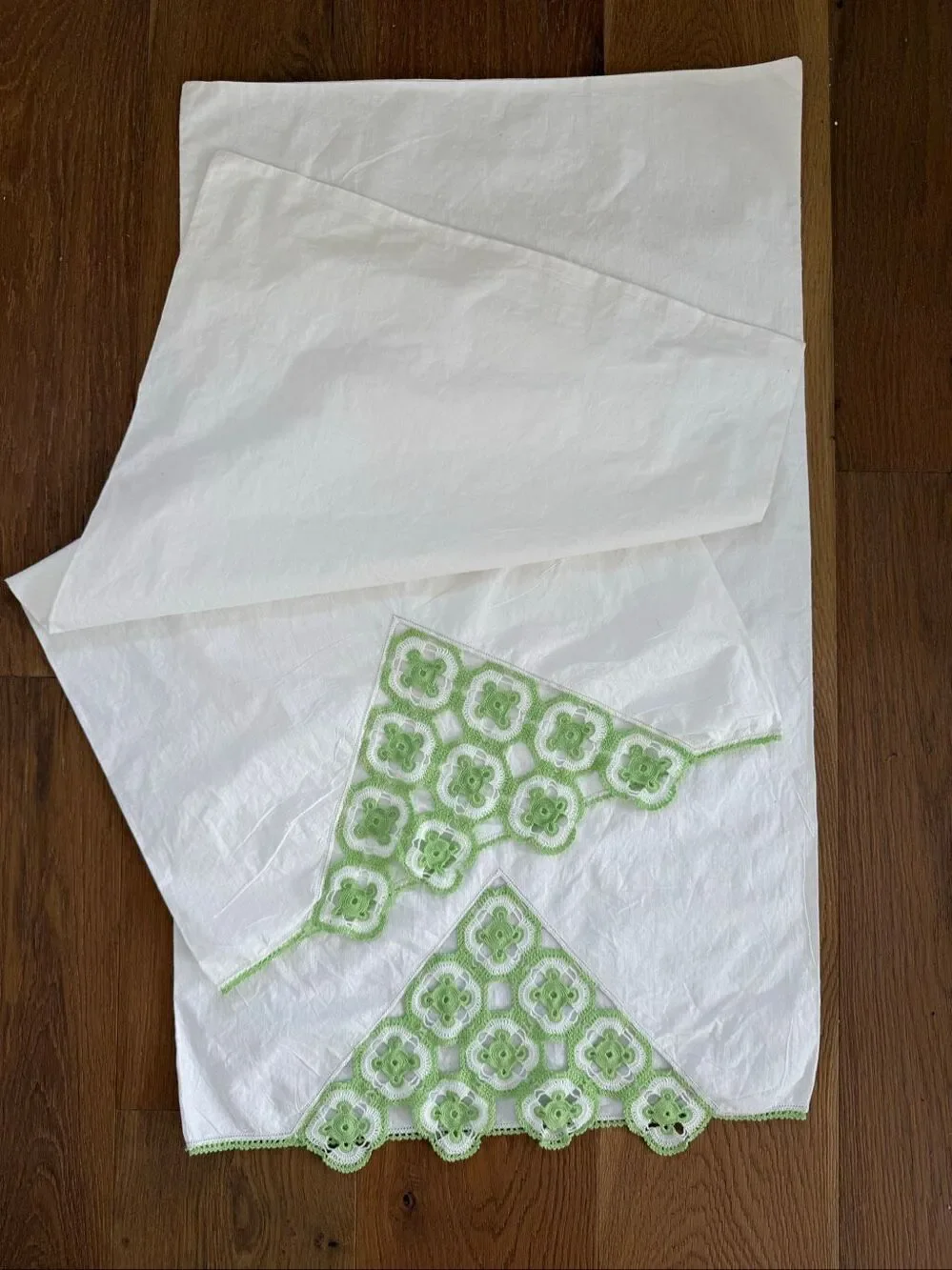 2 Vintage Queen Size Pillowcases Green Crochet Lace Detail 34” x 20”